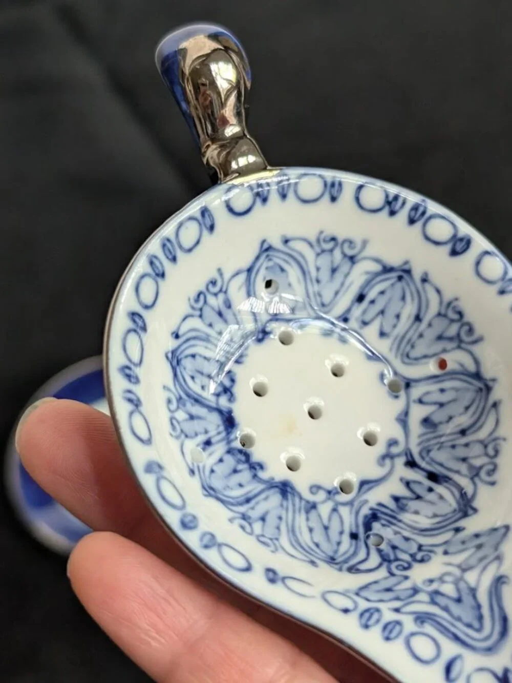 Vintage Bombay Company Blue & White Porcelain Tea Strainer with Drip Bowl